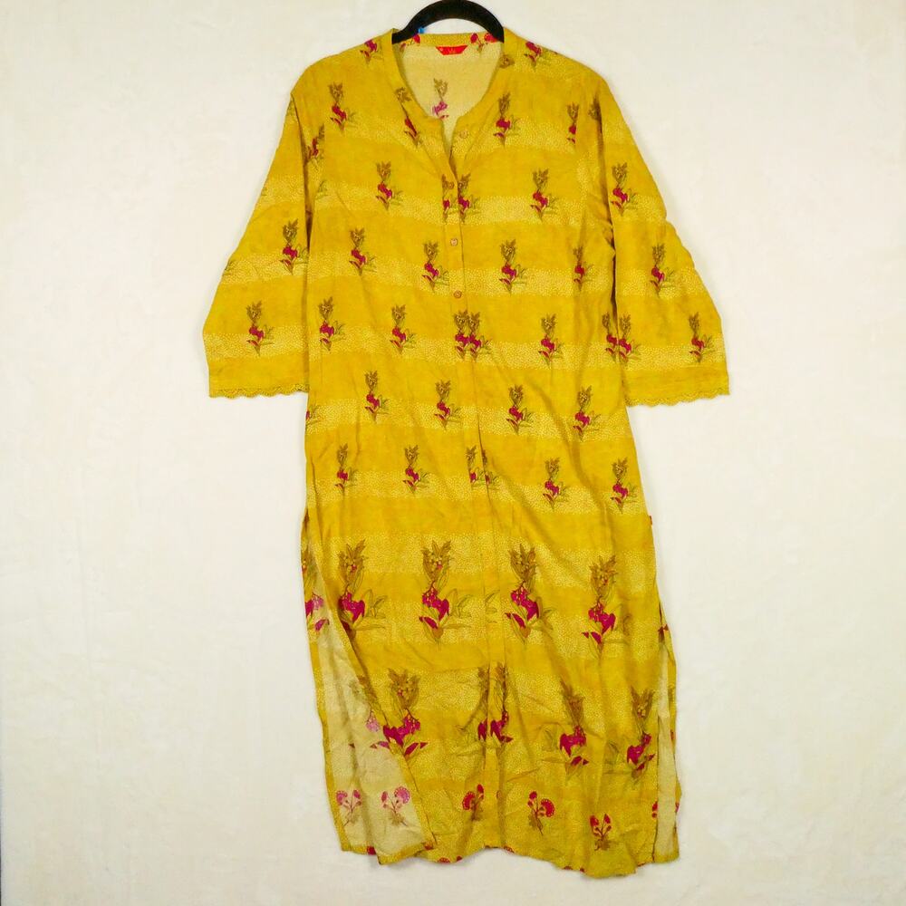 Mustard Yellow Pink Floral Kurta Size 10 Midi Slit Half Button Boho Indian